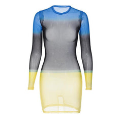 Contrast sheer mesh see through long sleeve crewneck mini dress | samba dress