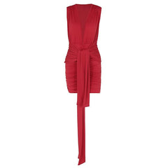 Deep V neck ruched solid mini dress | red tango dress