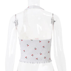 Halter fruit print button ruffle knotted textured top