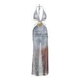 Halter self tie deep V neck sheer mesh shell applique maxi dress | samba dress