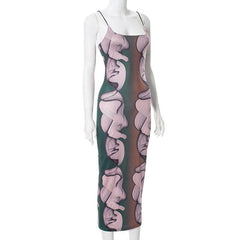 U neck abstract print contrast cami midi dress