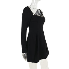 Square neck long sleeve beaded mini dress