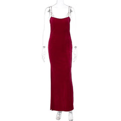 Velvet solid o ring hollow out slit backless maxi dress | red tango dress