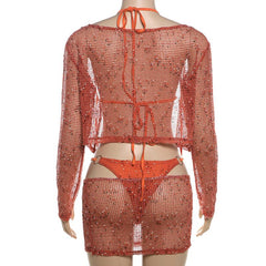 Long sleeve hollow out o ring halter 4 piece mini skirt set