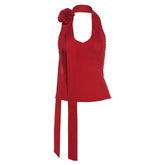 Halter backless flower applique solid top