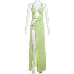 Halter hollow out high slit ruched maxi dress