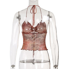 Halter abstract ruched self tie mesh top