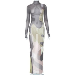 Long sleeve high neck print sheer mesh gloves maxi dress | samba dress