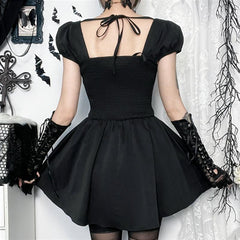 Puff sleeve ruched lace up smocked mini dress