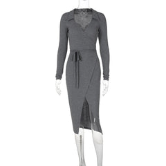 Turnover collar long sleeve slit self tie midi dress | red tango dress