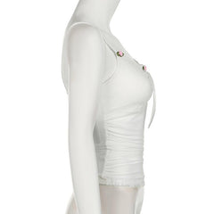Flower applique ribbon ruched lace hem cami top