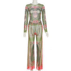 Long sleeve contrast sheer mesh see through pant set