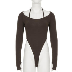 Halter long sleeve knitted self tie bodysuit