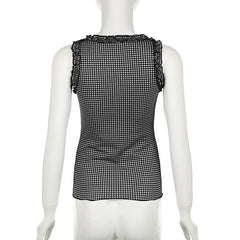 U neck plaid bowknot ruffle contrast ribbon tank top