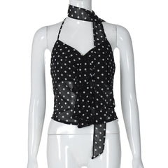 Halter polka dot ruffle knotted top