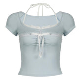Halter short sleeve bowknot lace hem top