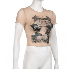 Butterfly pattern sheer mesh see through short sleeve crop top