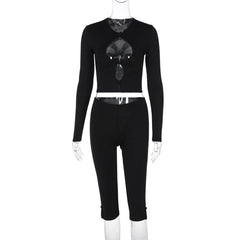 Long sleeve hollow out bowknot pant set