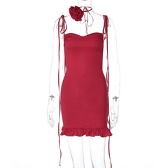 Rose applique ruched ruffle knotted cami mini dress | red tango dress