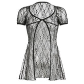 Lace short sleeve button see through ruffle solid top