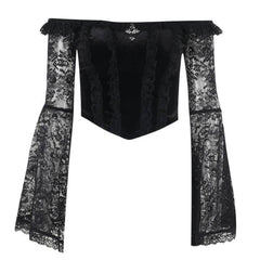 Long flared off shoulder lace cross applique top