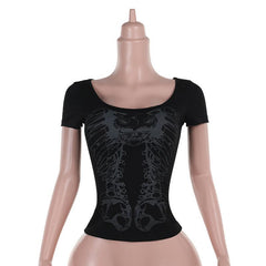 Short sleeve print hollow out o ring top