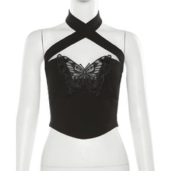 Halter cross front butterfly embroidery crop top