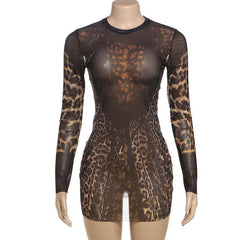 Crewneck long sleeve leopard print mesh mini dress