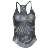 U neck sheer mesh print beaded tank top