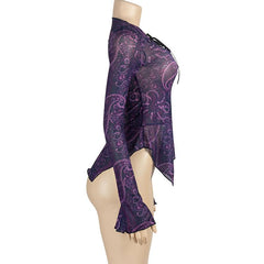 Long flared sleeve print lace up irregular sheer mesh ruffle top