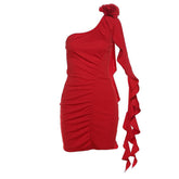 One shoulder flower applique ruched ruffle solid backless mini dress | red tango dress