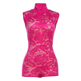 High neck lace see through solid romper