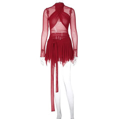 Long sleeve ruffle ruched cross front halter sheer mesh mini dress | red tango dress | samba dress | black rave dress