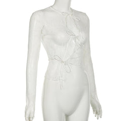 Long sleeve lace see through self tie top