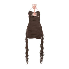Halter self tie ruched flower applique backless mini dress