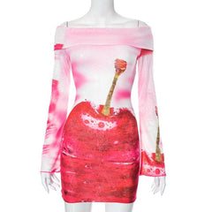 Cherry pattern contrast off shoulder long sleeve mini dress | red tango dress