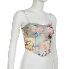 Metal chain print lace hem cami crop top