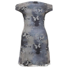 Off shoulder butterfly print ruched mini dress