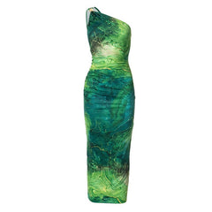 One shoulder print ruched maxi dress | red tango dress