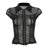 Cap sleeve mesh turnover collar ruched button top
