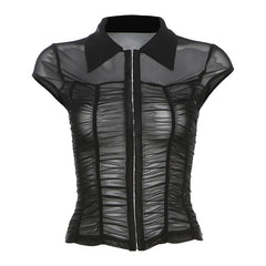 Cap sleeve mesh turnover collar ruched button top
