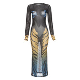 Long sleeve tiger print crewneck sheer mesh midi dress | samba dress