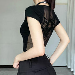 Short sleeve u neck dragon print mesh patchwork top