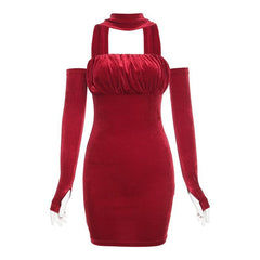 Velvet solid ruched gloves halter mini dress | red tango dress