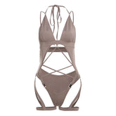V neck cross front hollow out solid cami bodysuit
