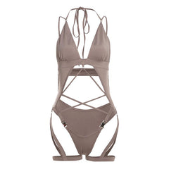 V neck cross front hollow out solid cami bodysuit
