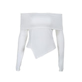 Long sleeve off shoulder irregular ribbed backless top