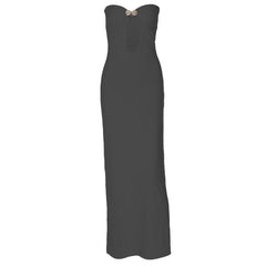 Sweetheart neck shell metal tag button hollow out tube maxi dress