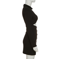 Long sleeve turnover collar button hollow out mini dress