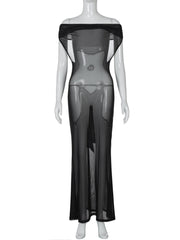 Off shoulder mesh backless maxi dress